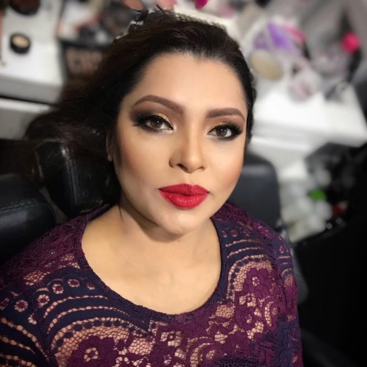 Glamour makeup with a bold red lip
